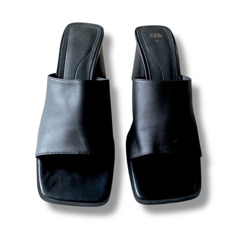 ZARA Black Leather Square Toe Mule Heels – Size 9 (EU 40) Modern Minimalist